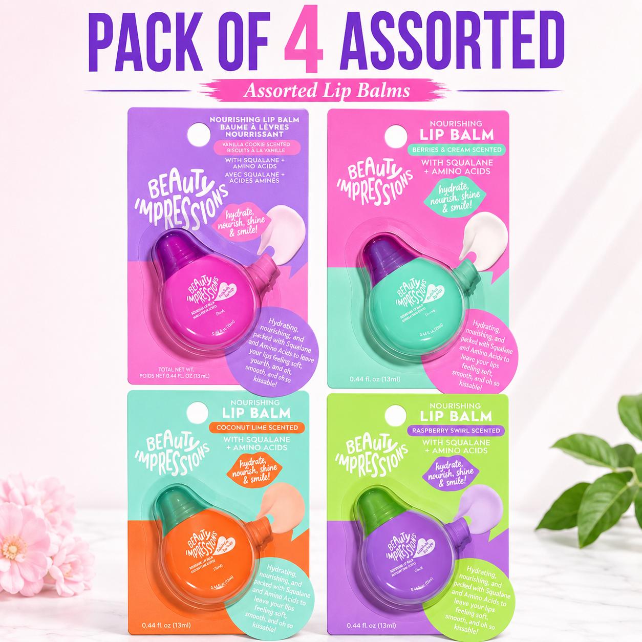 Beauty Impressions Nourishing Moisturizing Squalane Lip Balm TIKTOK VIRAL 4 Pack ASSORTED with Squal