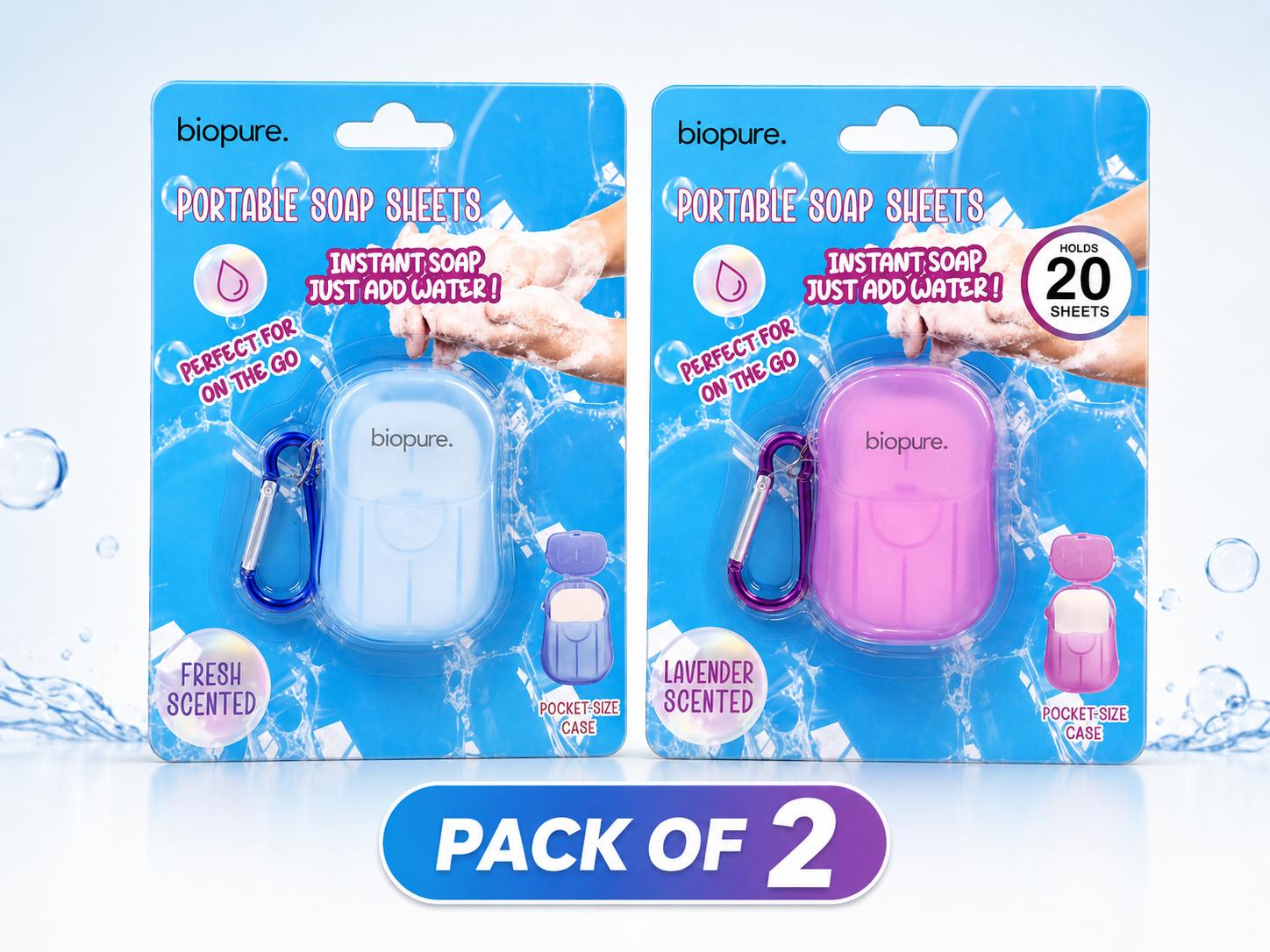 Pack of 2 - Biopure Portable Soap Sheets Scented Pocket Size Case & Keychain (20 sheets each)